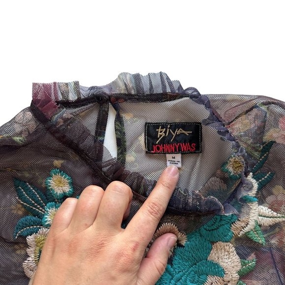 Johnny Was MEDIUM Renley Floral Embroidered Sheer Ruffle 3/4 Length Sleeve Top - Picture 6 of 12